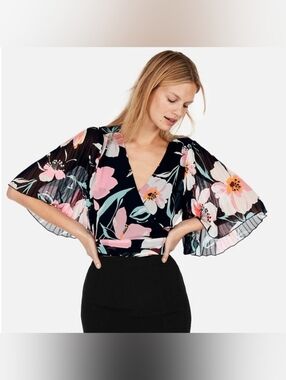 Express Floral Wrap Blouse in Black, Pink and Teal